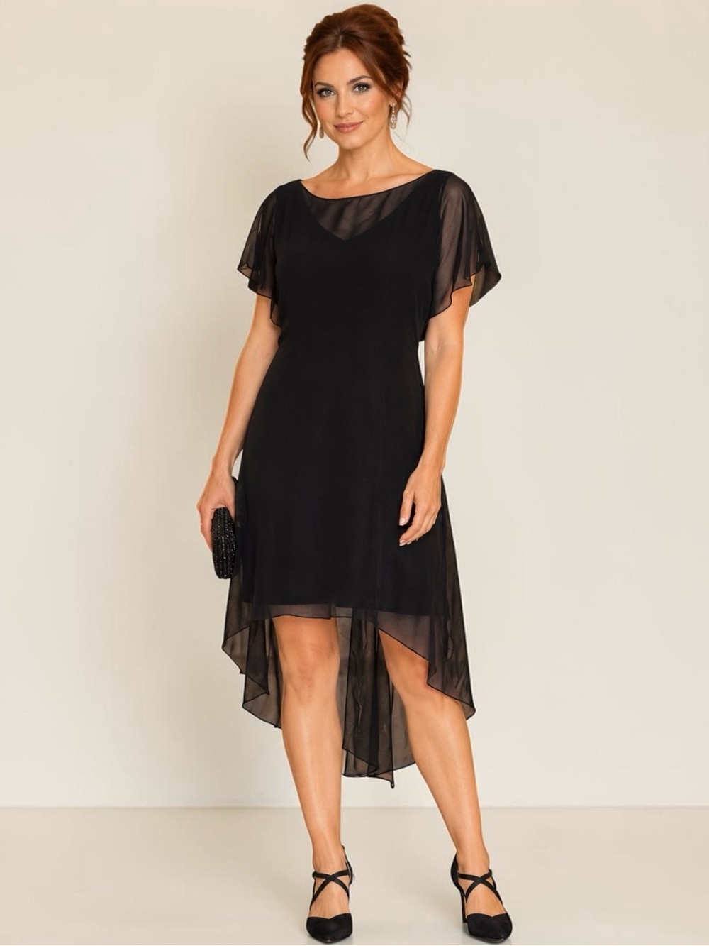 NWT Adrianna Papell Black Chiffon Overlay Draped Dress XL High Low Fluid